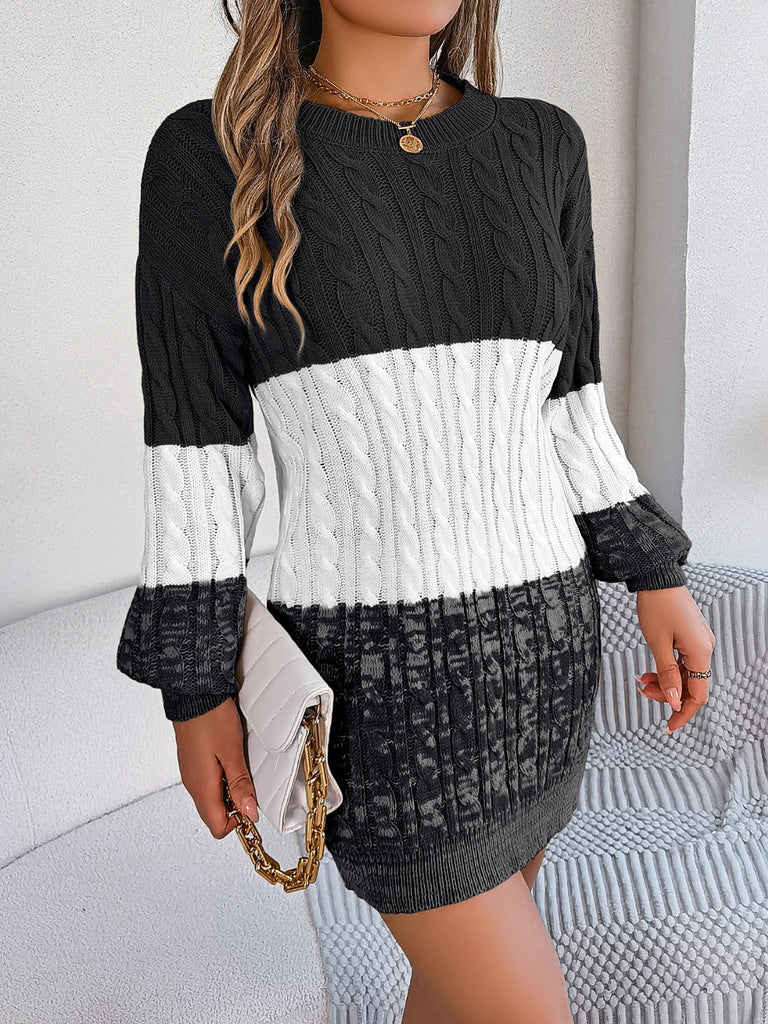 Cable-Knit Round Neck Color Block Sweater Dress - Dash Trend 