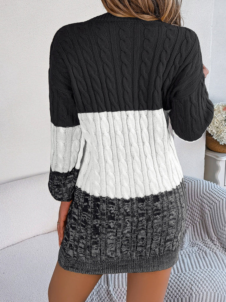 Cable-Knit Round Neck Color Block Sweater Dress - Dash Trend 