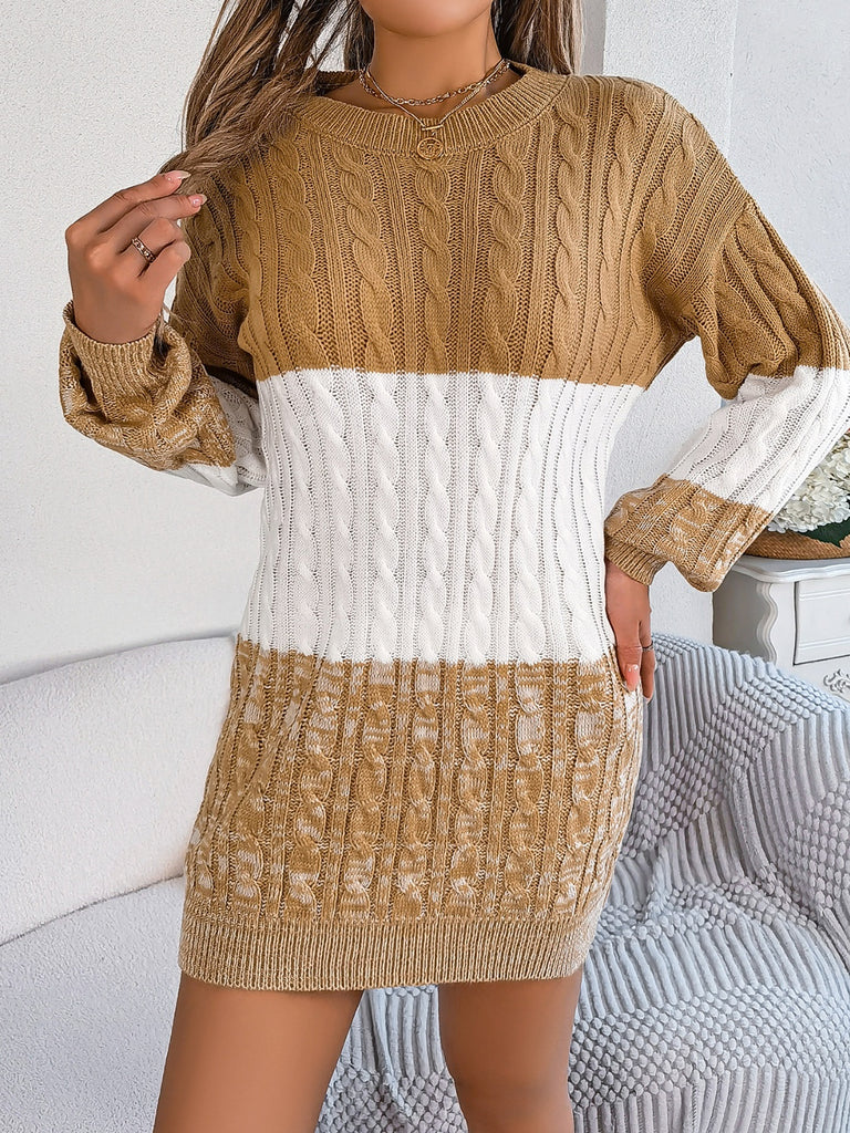 Cable-Knit Round Neck Color Block Sweater Dress - Dash Trend 