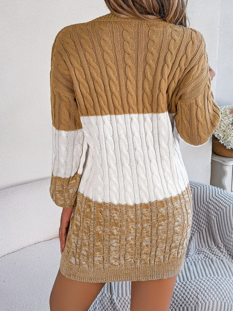 Cable-Knit Round Neck Color Block Sweater Dress - Dash Trend 