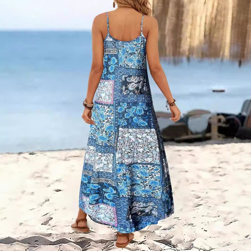 Spring Summer Women's Vacation Style Printed Casual V-Neck Strap Loose Dress