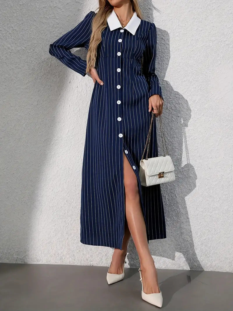 Striped Print Short Sleeve Buttoned Front Turn-down Collar A-line Dress