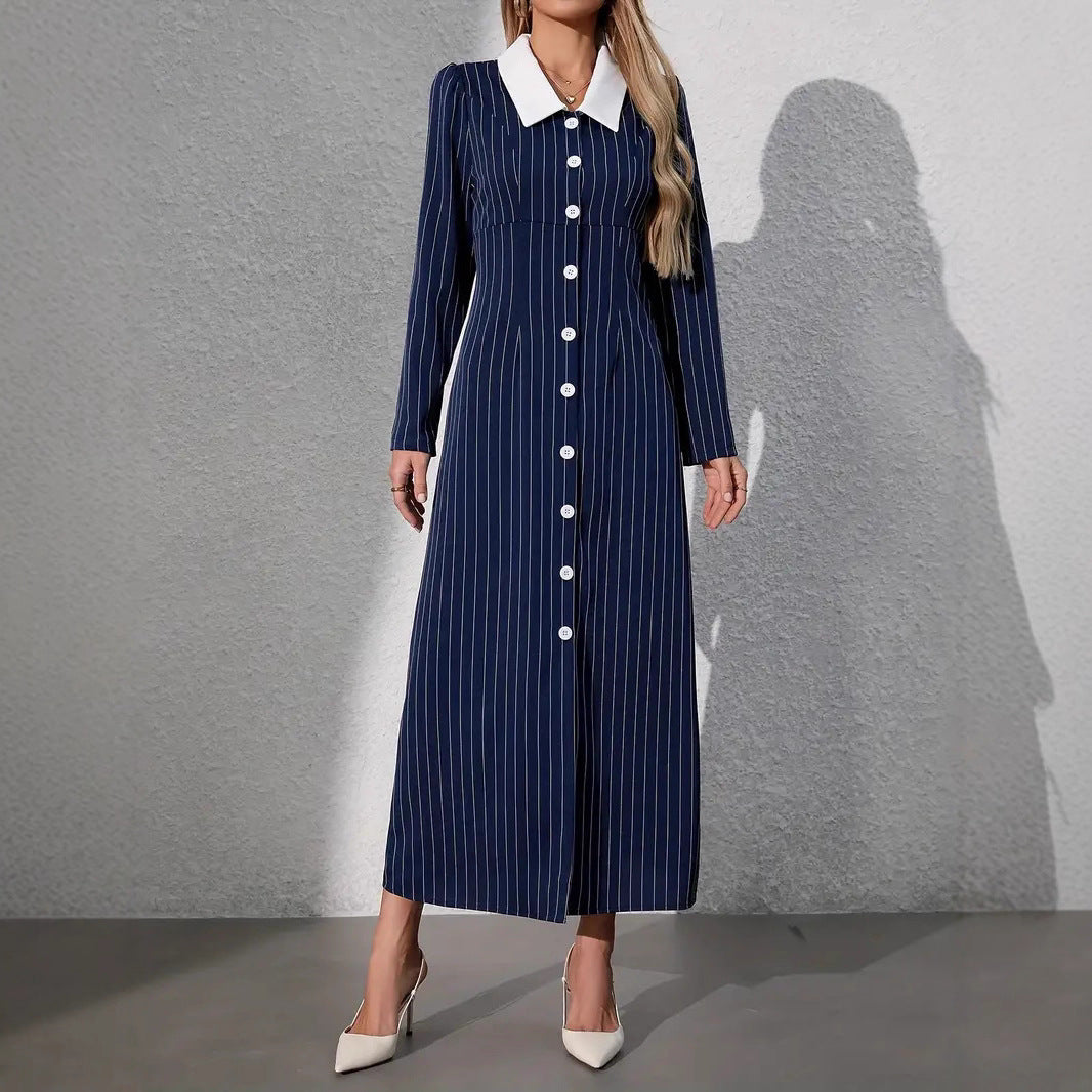 Striped Print Short Sleeve Buttoned Front Turn-down Collar A-line Dress