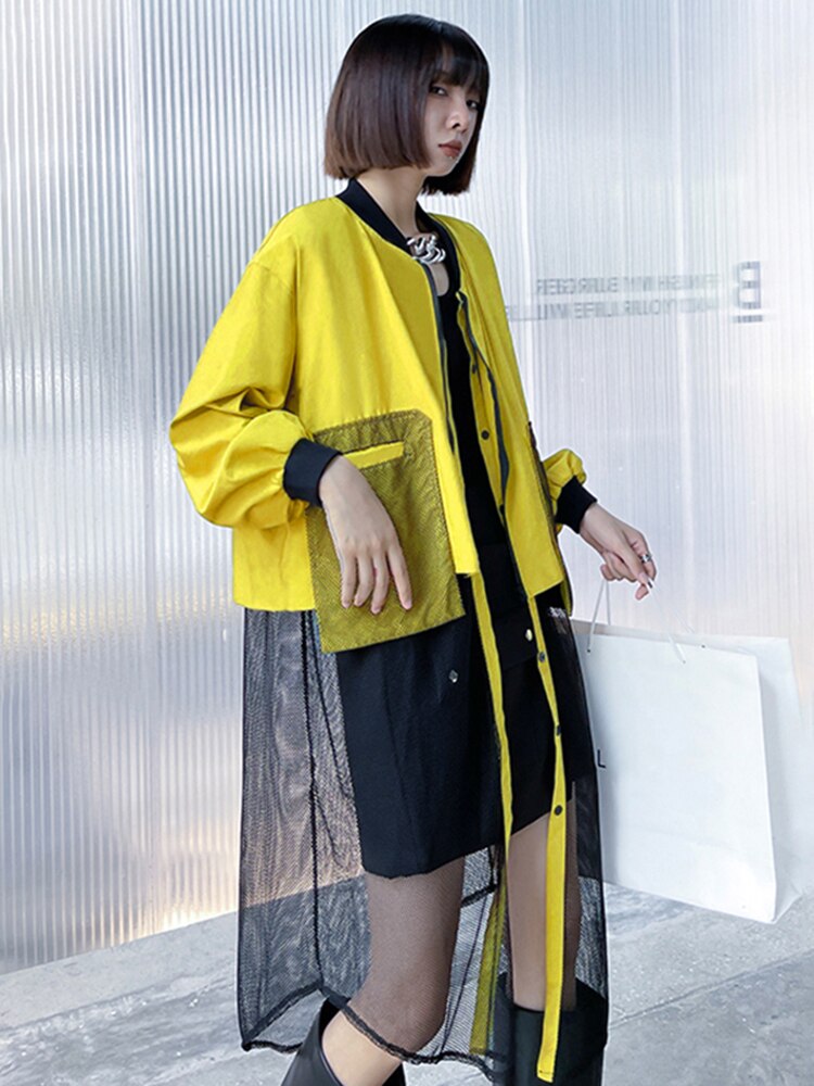 [EAM] Loose Fit Yellow Hem Mesh Big Size Jacket New Stand Collar Long Sleeve Women Coat Fashion Tide Spring Autumn  1DE1813