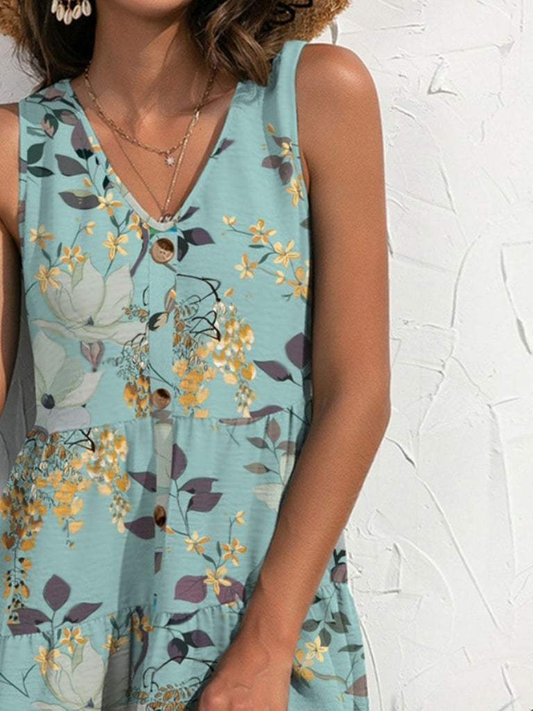 FAM-FAM Printed V-Neck Sleeveless Mini Dress - Dash Trend 