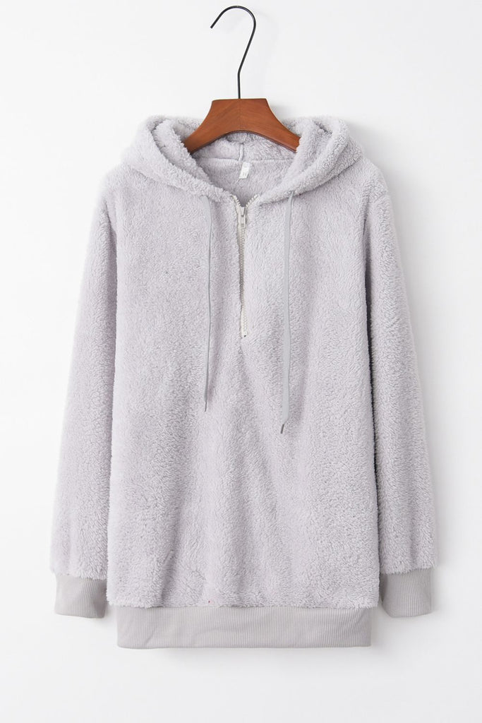 Full Size Quarter-Zip Drawstring Teddy Hoodie - Dash Trend 