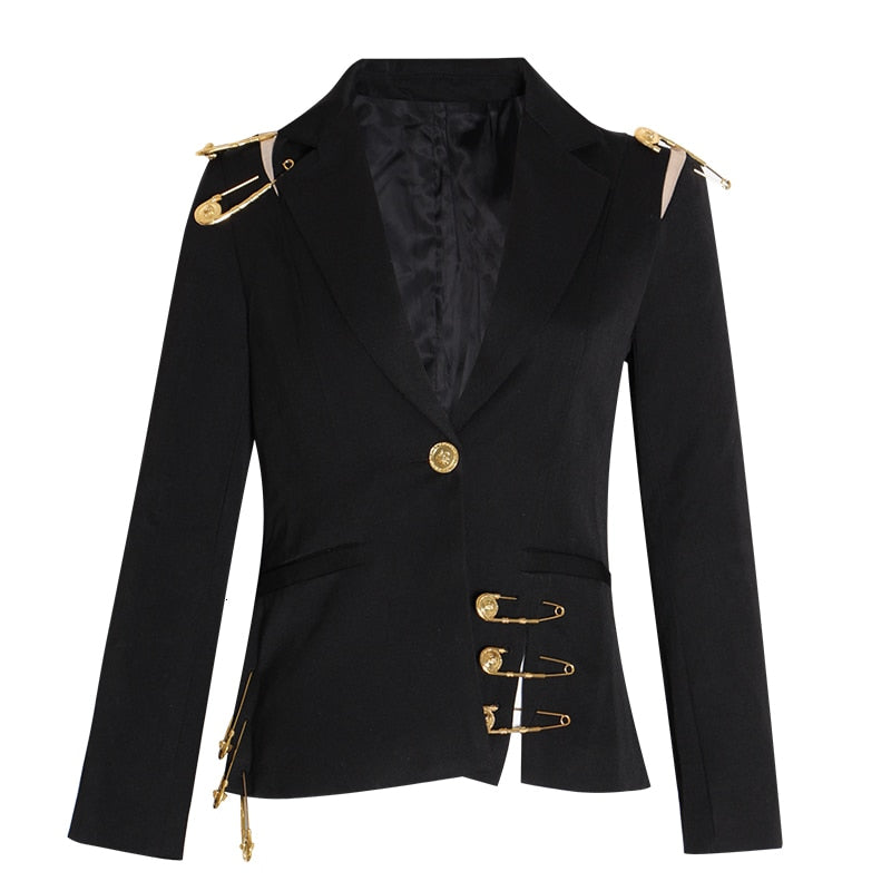 TWOTWINSTYLE Loose Fit Black Hollow Out Pin Spliced Jacket Blazer New Lapel Long Sleeve Women Coat Fashion 2022 Autumn Winter