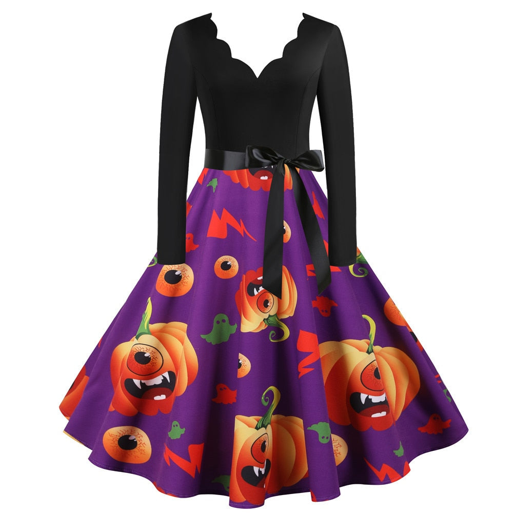 Women Dress Winter Long Sleeve V Neck Pumpkin Print Halloween Costume Party Dresses Casual Vintage S~3XL Clothing - Dash Trend