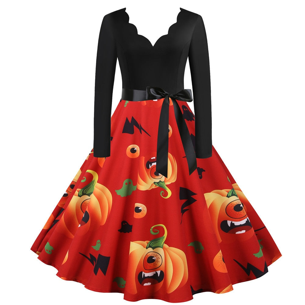 Women Dress Winter Long Sleeve V Neck Pumpkin Print Halloween Costume Party Dresses Casual Vintage S~3XL Clothing - Dash Trend