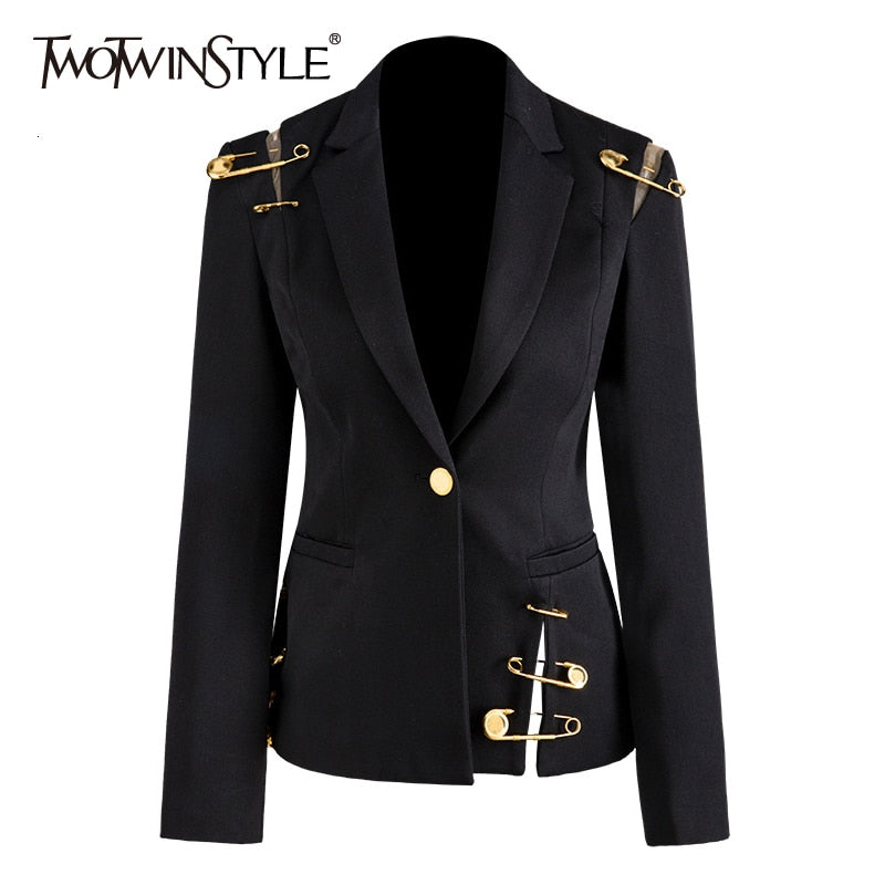 TWOTWINSTYLE Loose Fit Black Hollow Out Pin Spliced Jacket Blazer New Lapel Long Sleeve Women Coat Fashion 2022 Autumn Winter