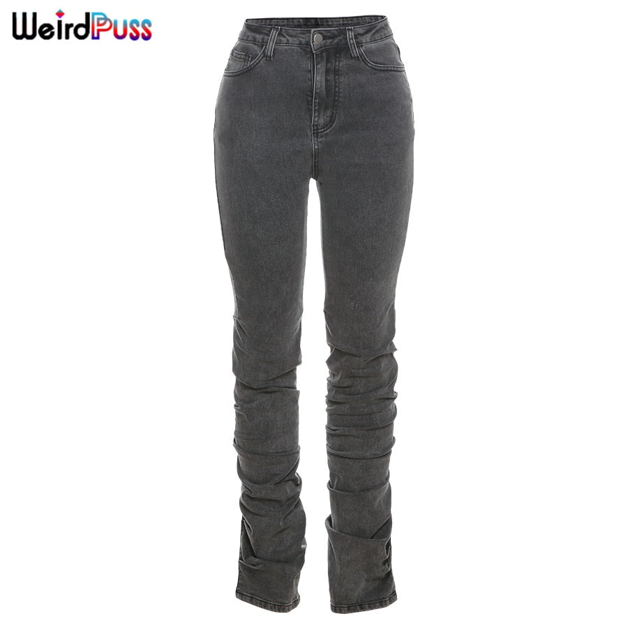Weird Puss Y2K Stacked High Waist Jeans Women Cotton Split Skinny Denim Pants Autumn Trend Wild Street Casual Stretch Trousers