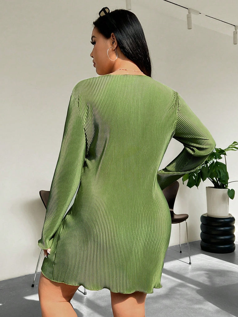 Honey Plus Size Lettuce Hem Round Neck Long Sleeve Dress - Dash Trend 