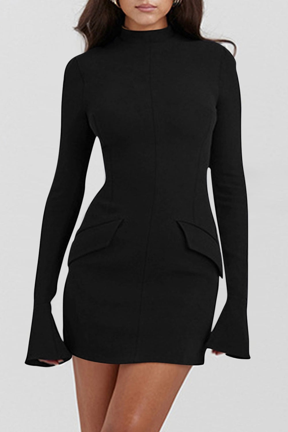 Mock Neck Long Sleeve Mini Dress - Dash Trend 