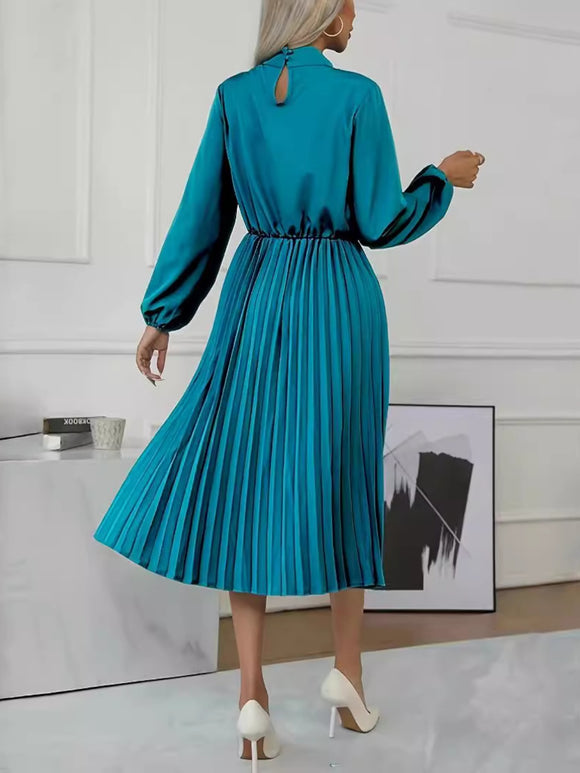 Mock Neck Long Sleeve Pleated Dress - Dash Trend 