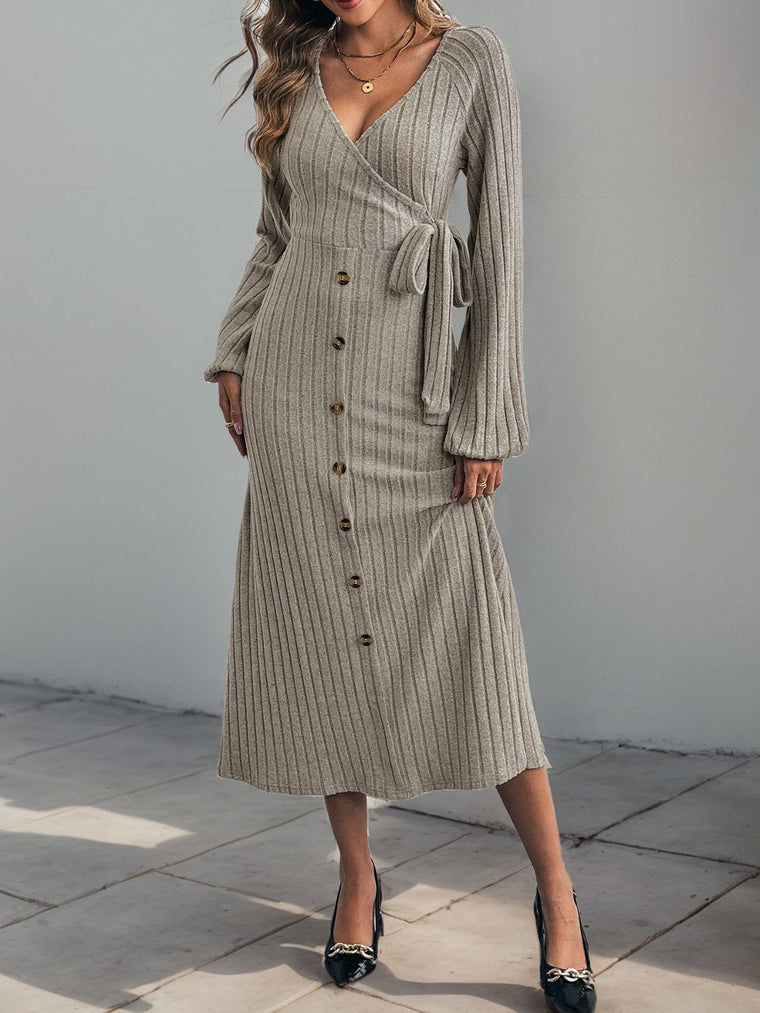 Perfee Ribbed Tied Surplice Long Sleeve Dress - Dash Trend 