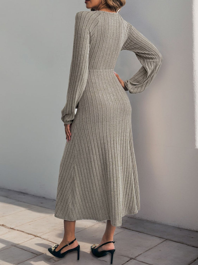 Perfee Ribbed Tied Surplice Long Sleeve Dress - Dash Trend 