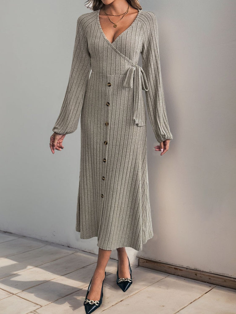 Perfee Ribbed Tied Surplice Long Sleeve Dress - Dash Trend 