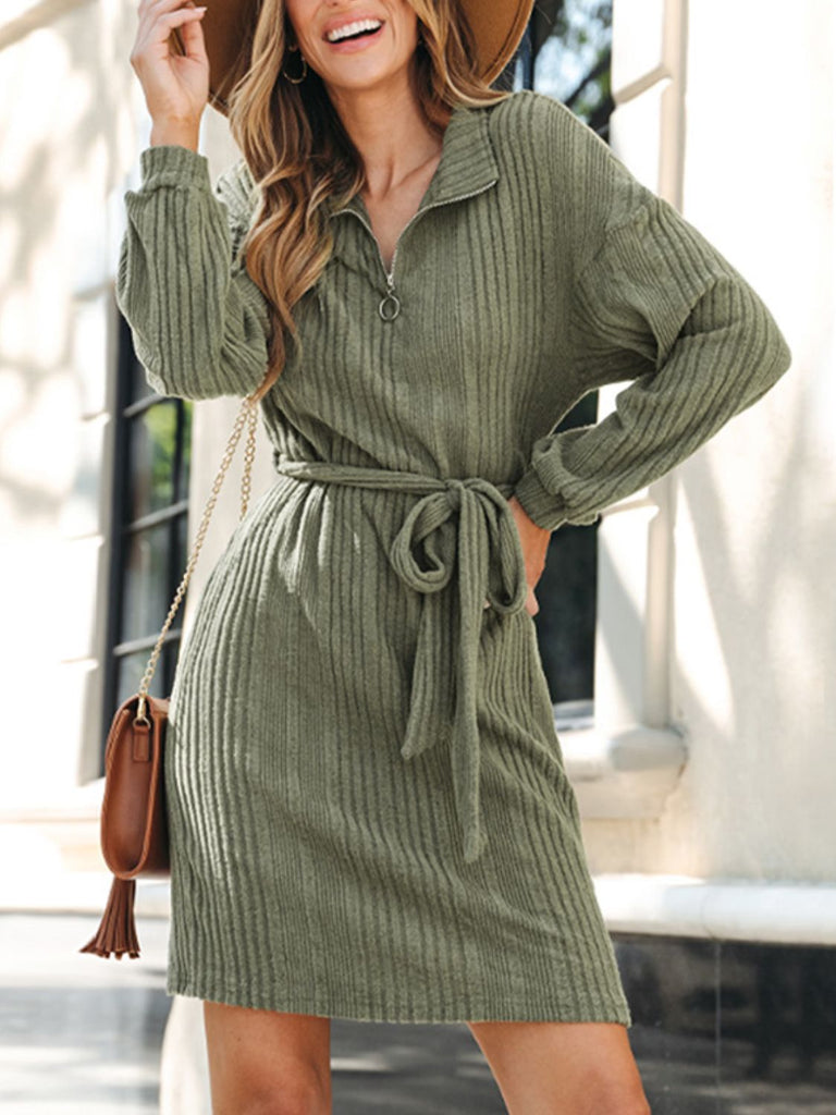 Perfee Tied Quarter Zip Long Sleeve Dress - Dash Trend 