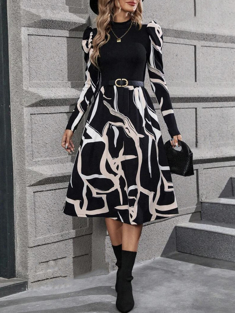 Printed Mock Neck Puff Sleeve Mini Dress - Dash Trend 