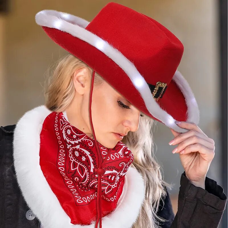 Red Santa Claus Christmas Cowboy Hat for Women Men LED Light up Red Cowboy Hat For Halloween New Year Party Decor Santa Hats - Dash Trend