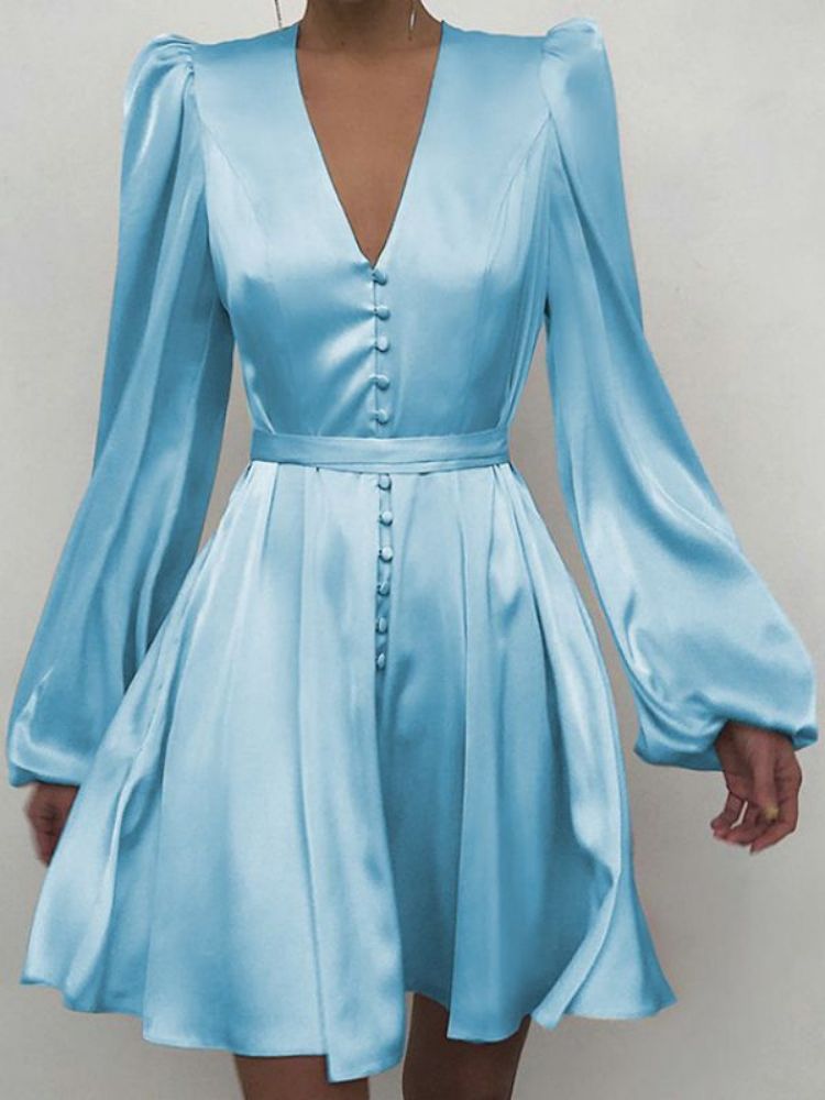 Elegant Belt Satin Dress Women V-neck Lantern Long Sleeve Button A-line Pleated Mini Dress Female Autumn Casual Vestidos 2022 - Dash Trend
