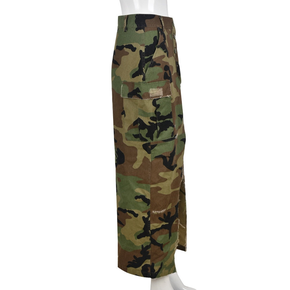 DEAT Fashion Women's Skirt Camouflage Sexy Washed Split Tassel Pockets High Waist Mid-calf Skirts Female Autumn 2023 New 17A4183 - Dash Trend