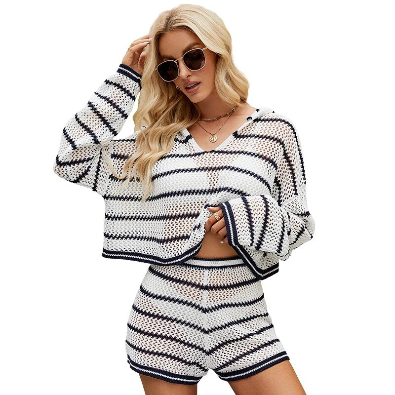 2023 New Women's V-neck Openwork Hooded Collar Sweater Shorts Loose Striped Two-Piece Set Spring Knit Casual Summer Suit - Dash Trend