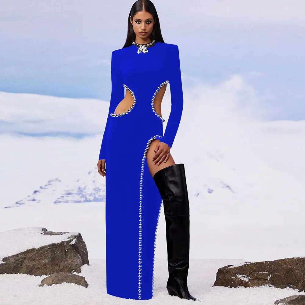 Ailigou 2022 Fall Winter New Style Women's Sexy O Neck Cutout Black Beaded Long Bodyband Dress Elegant Celebrity Party Dress - Dash Trend