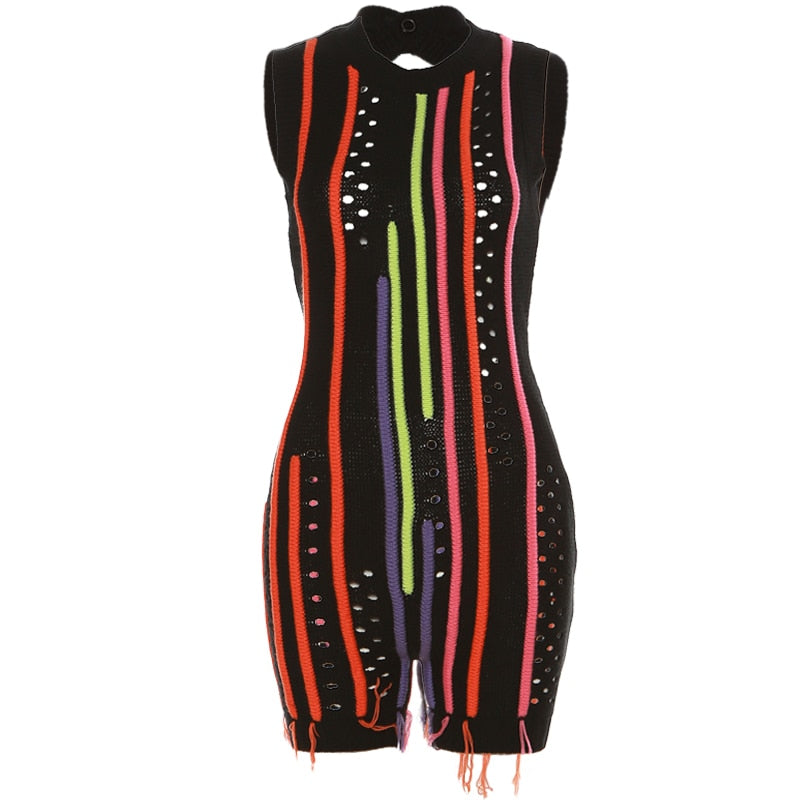 Weird Puss Sexy Backless Women Rompers Colorful Stripes Tassel One Pieces Body-Shaping Y2K Streetwear Party 2023 Summer Overalls