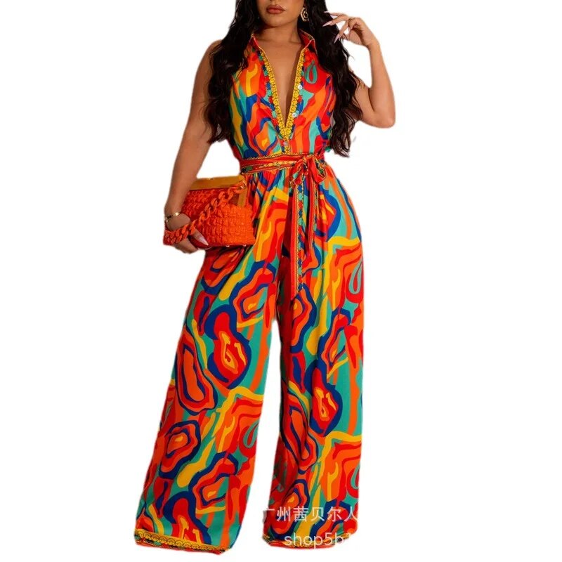 Multi-Color Abstract Print Wide Leg Jumpsuit Women One Piece Summer Jumpsuit Overalls Wide Leg Long Pants Lace Up Rompers 2023 - Dash Trend