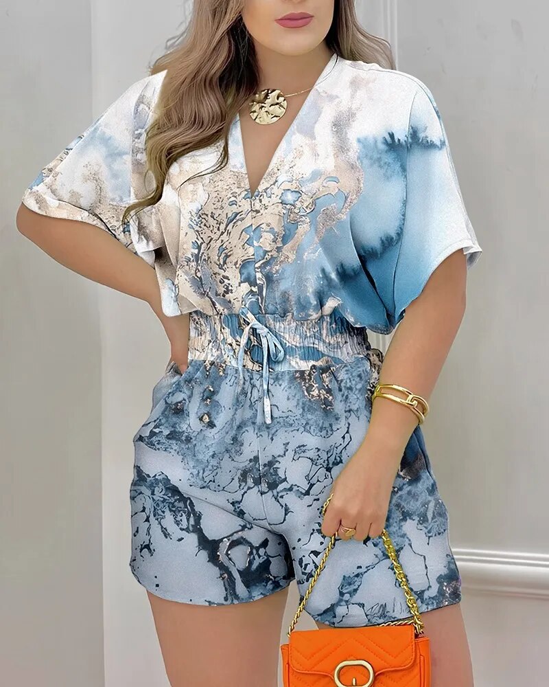 Elegant Women's Short Sleeves Jumpsuits 2023 Summer Female Fashion Loose Casual Print Waist Wrapped One Piece Shorts S-XXXL - Dash Trend