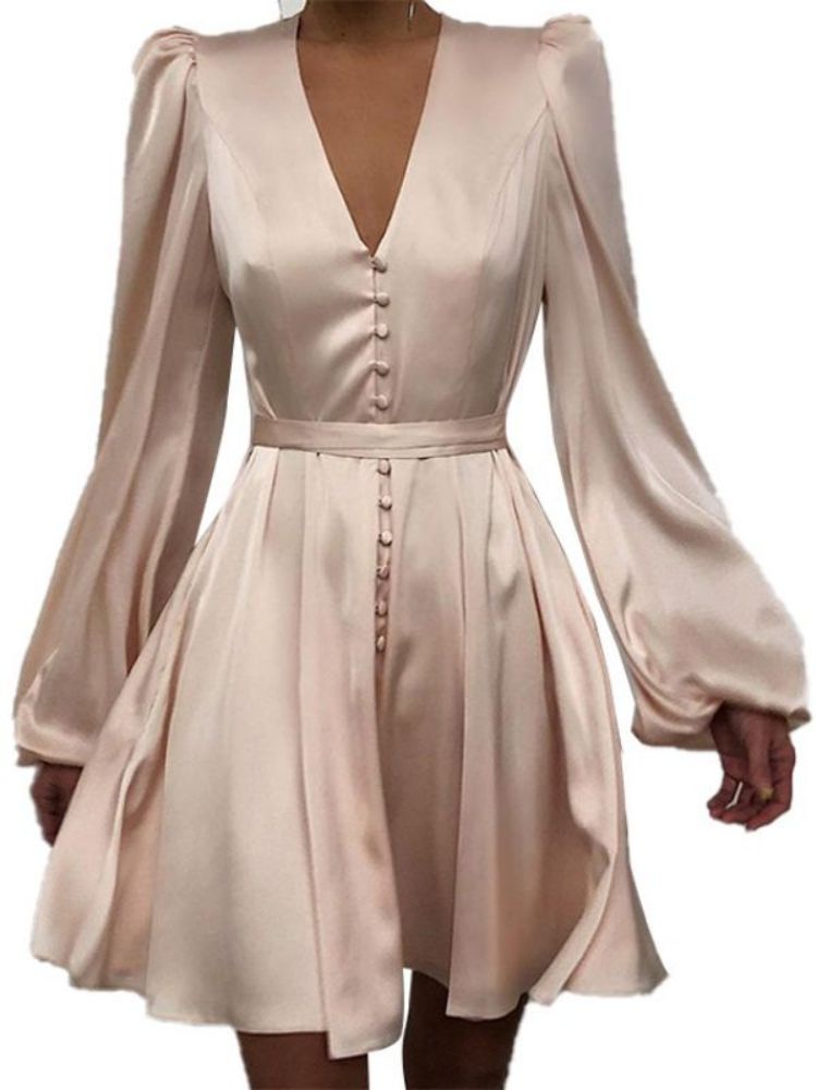 Elegant Belt Satin Dress Women V-neck Lantern Long Sleeve Button A-line Pleated Mini Dress Female Autumn Casual Vestidos 2022 - Dash Trend