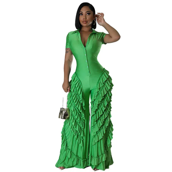 Woman wearing BWQ Fashion 2024 Ruffled Wide Leg Jumpsuit in vibrant green, showcasing streetwear style with bold ruffles and high-waisted fit.