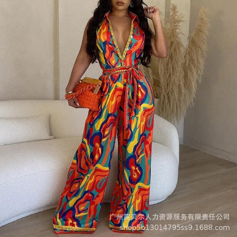 Multi-Color Abstract Print Wide Leg Jumpsuit Women One Piece Summer Jumpsuit Overalls Wide Leg Long Pants Lace Up Rompers 2023 - Dash Trend