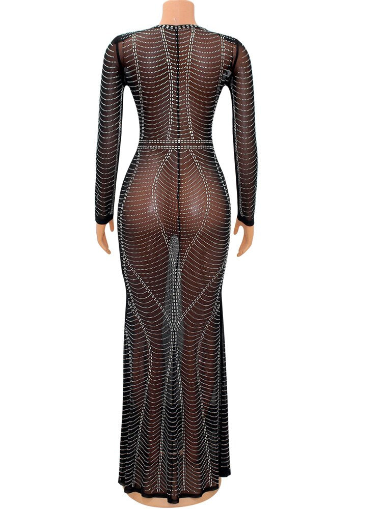 Kricesseen Sexy Black Crystal Mesh Sheer Bodycon Dresses For Women Long Sleeve V Neck Dresses Clubwear Occasion Outfits - Dash Trend