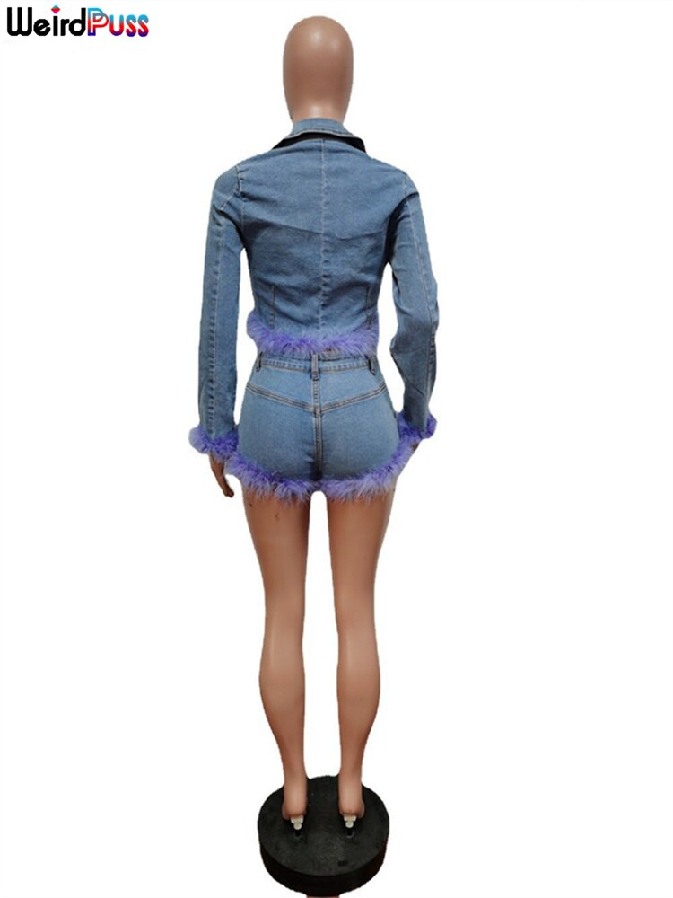 Denim Women 2 Piece Set Y2K V-Neck Patchwork Feather Navel Crop Top+Skinny Super Short Jeans Matching Club Streetwear - Dash Trend