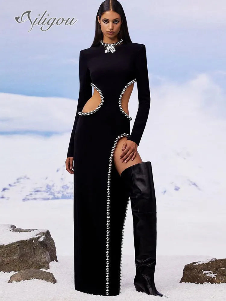 Ailigou 2022 Fall Winter New Style Women's Sexy O Neck Cutout Black Beaded Long Bodyband Dress Elegant Celebrity Party Dress - Dash Trend