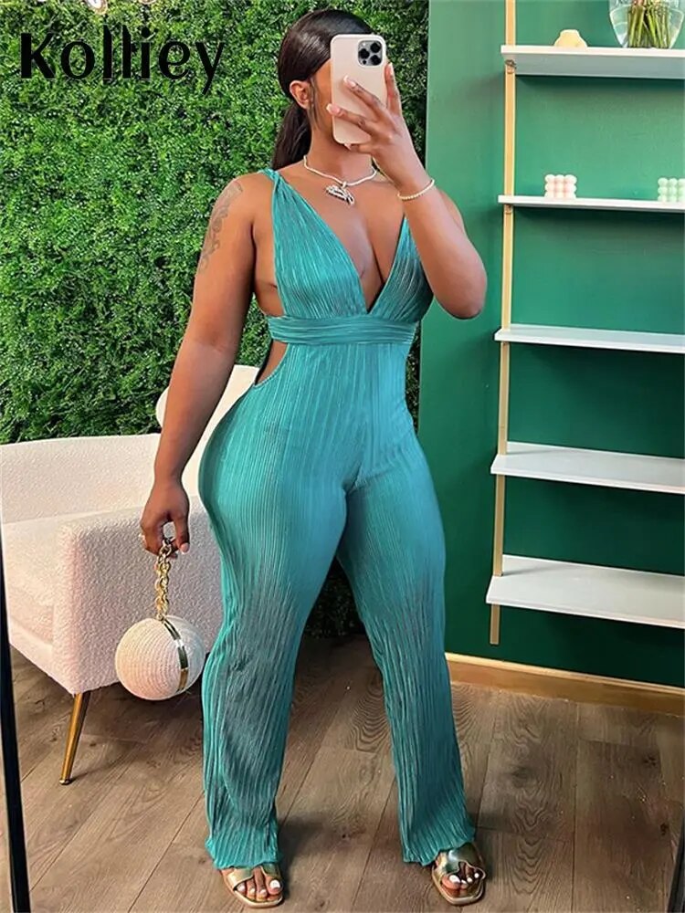 Kolliey Rose Red Sexy Open Back Jumpsuits For Woman Summer 2023 Outfit Cyan Bodycon Ribbed Backless One Pieces Causal Romper - Dash Trend