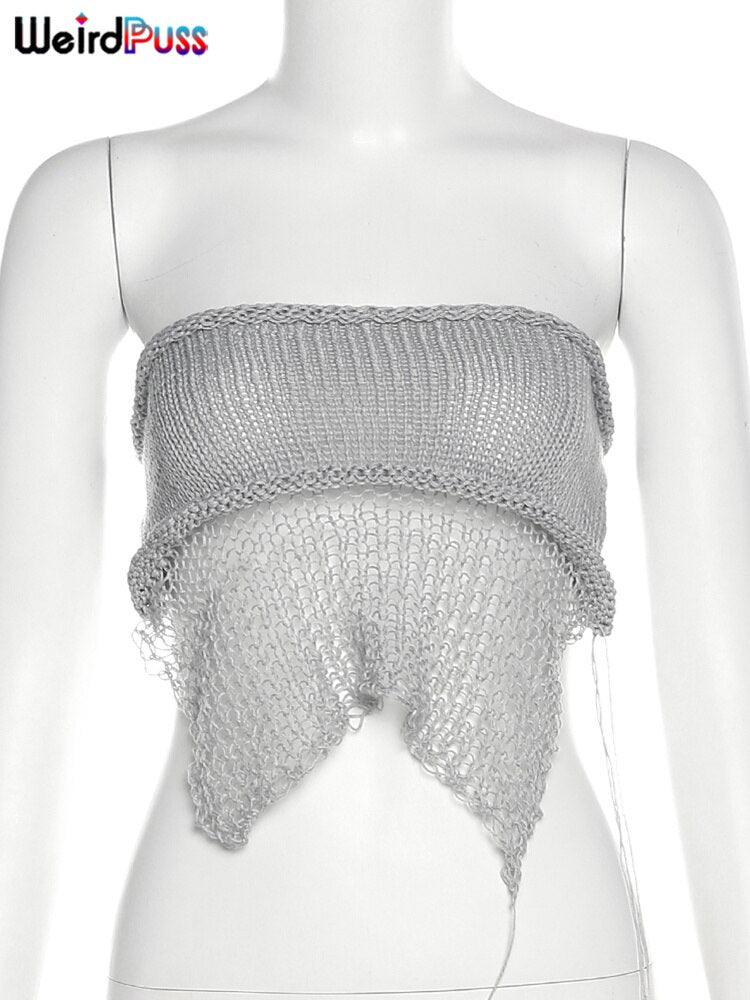 Weird Puss Crochet Tassel Women 2piece Set Super Mini Backless Tube Tops+Bandage Skinny Skirts Streetwear Y2K  Matching Outfits - Dash Trend