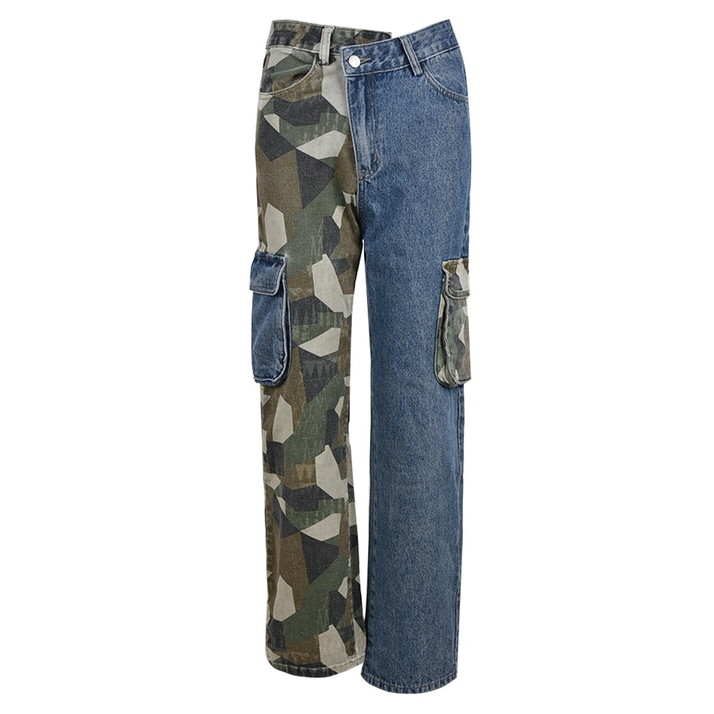 Weird Puss Patchwork Straight Pants Women Chic Design Camouflage Denim Casual Pockets Wild Slim Streetwear Hip Hop Jeans Bottoms