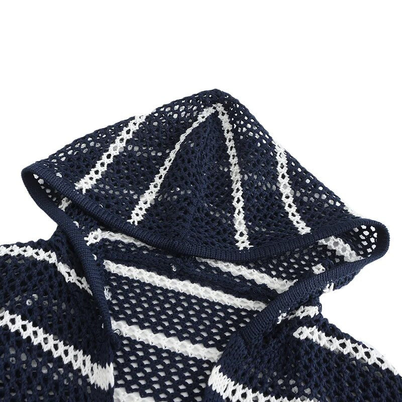 2023 New Women's V-neck Openwork Hooded Collar Sweater Shorts Loose Striped Two-Piece Set Spring Knit Casual Summer Suit - Dash Trend