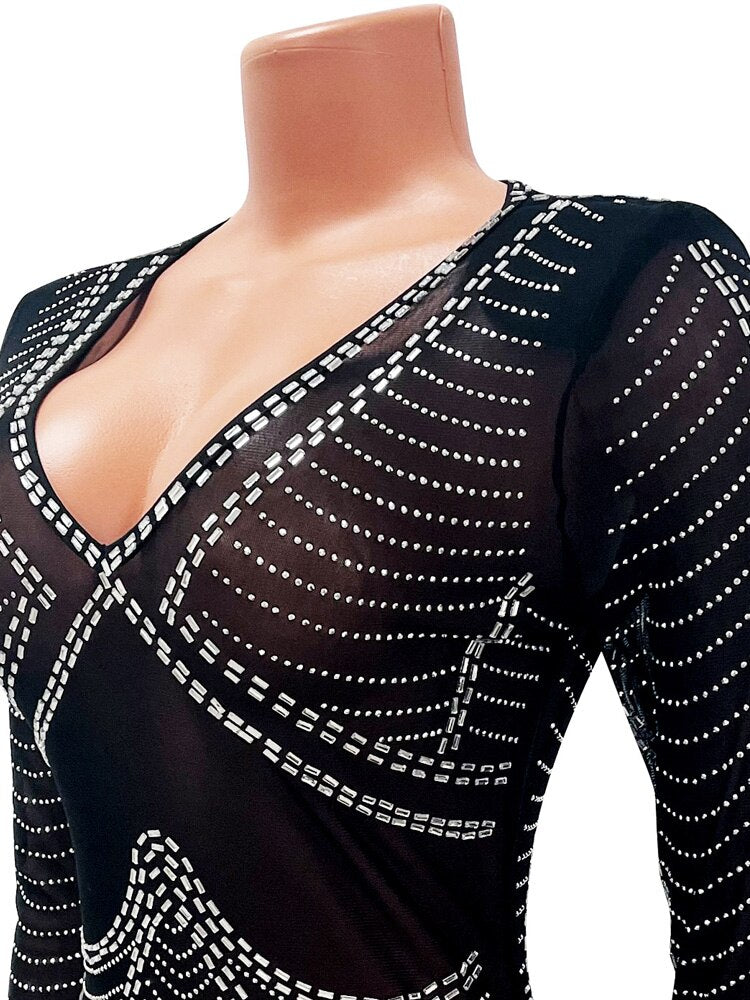 Kricesseen Sexy Black Crystal Mesh Sheer Bodycon Dresses For Women Long Sleeve V Neck Dresses Clubwear Occasion Outfits - Dash Trend