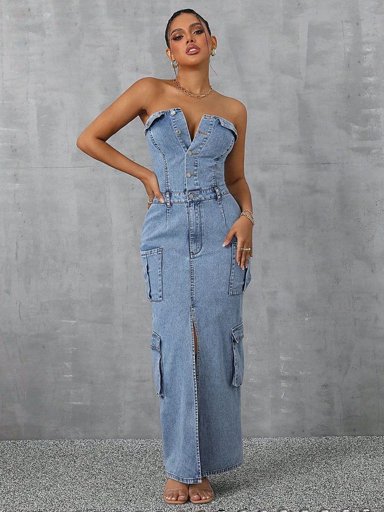 Slit Half Button Tube Denim Dress - Dash Trend 