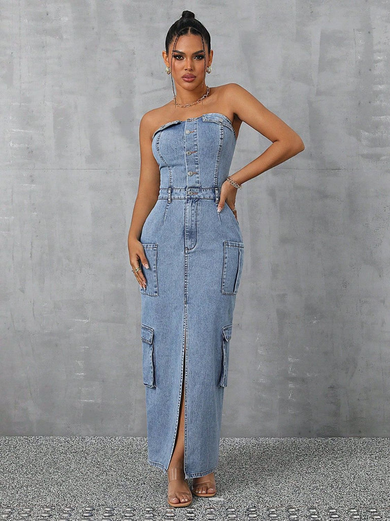 Slit Half Button Tube Denim Dress - Dash Trend 