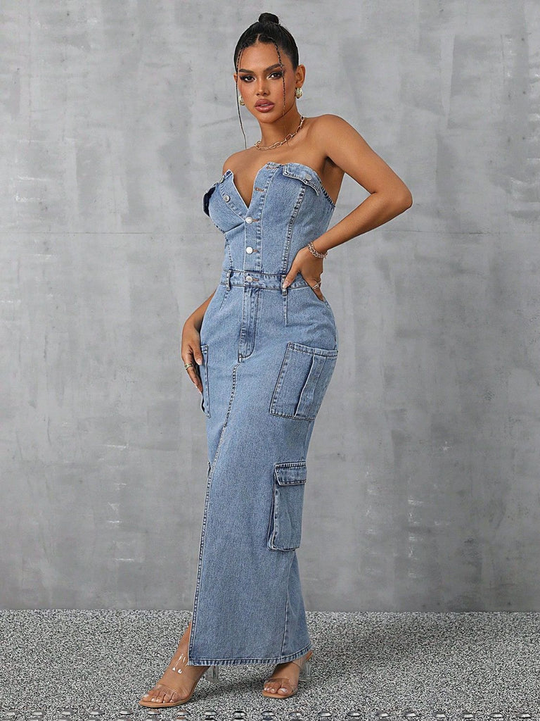 Slit Half Button Tube Denim Dress - Dash Trend 