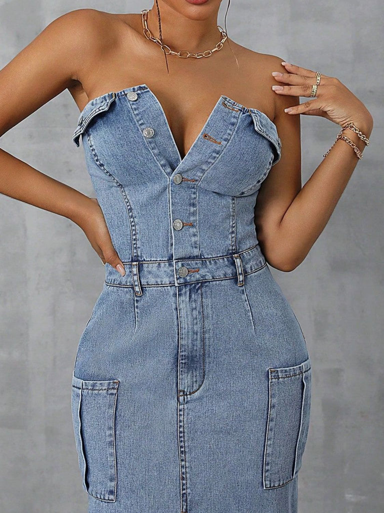 Slit Half Button Tube Denim Dress - Dash Trend 