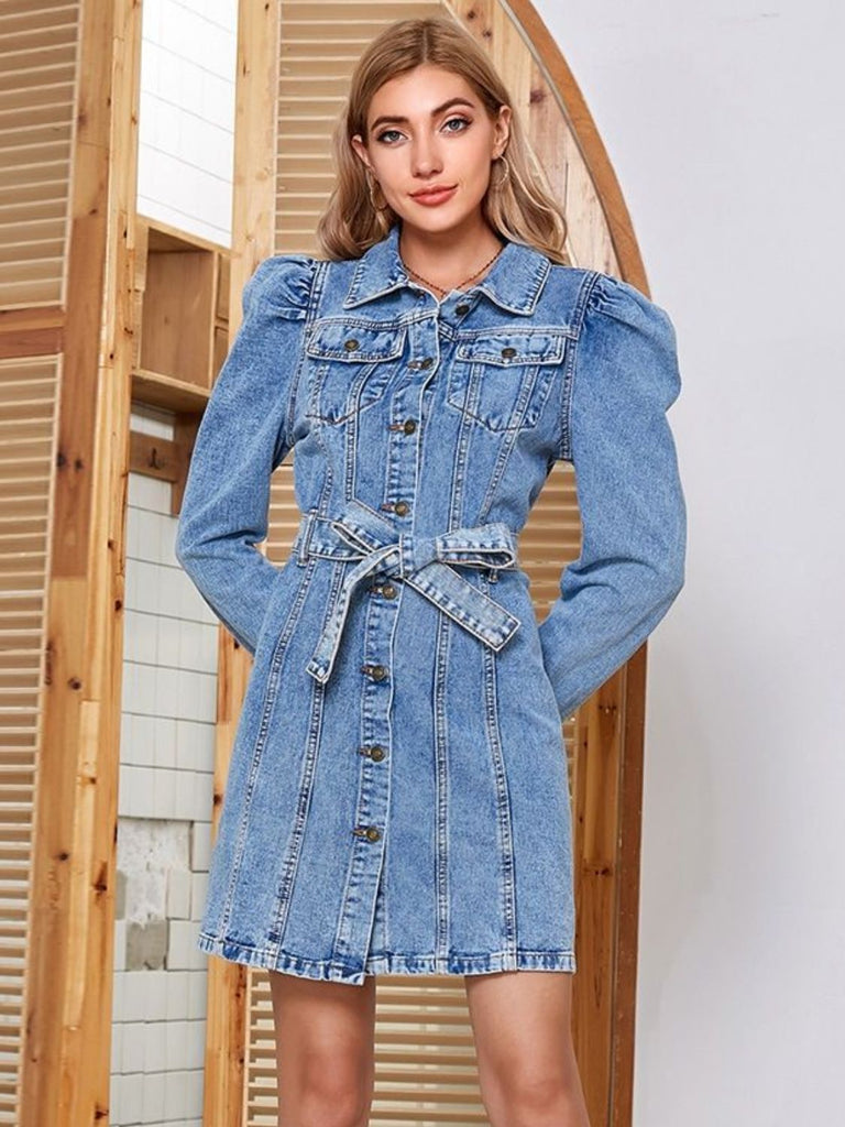 Tied Button Up Collared Neck Denim Dress - Dash Trend 