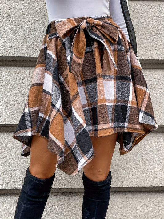 Tied Plaid Asymmetrical Hem Skirt - Dash Trend 