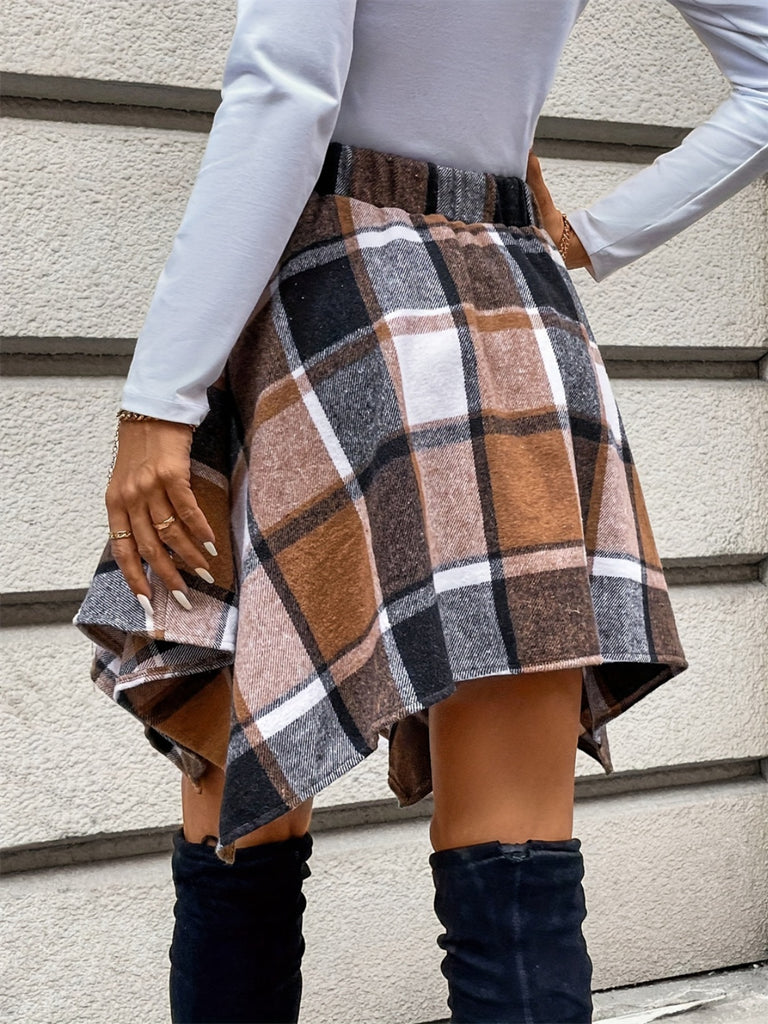 Tied Plaid Asymmetrical Hem Skirt - Dash Trend 