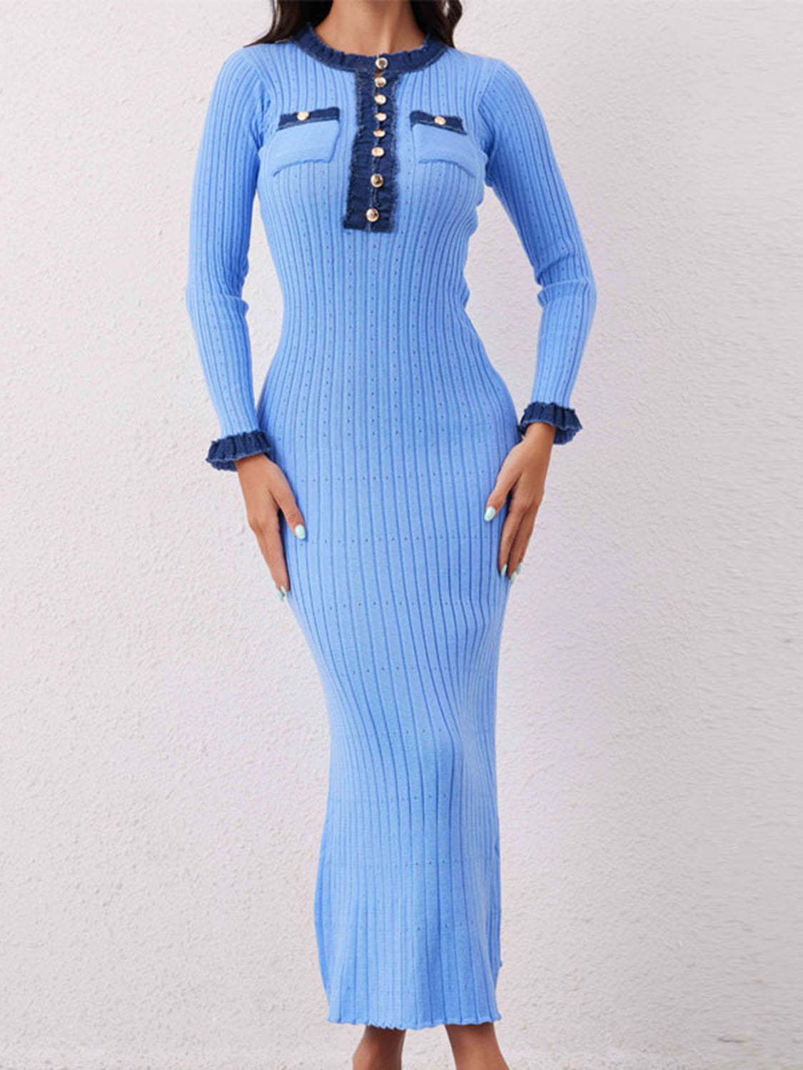 Contrast Trim Round Neck Long Sleeve Sweater Dress